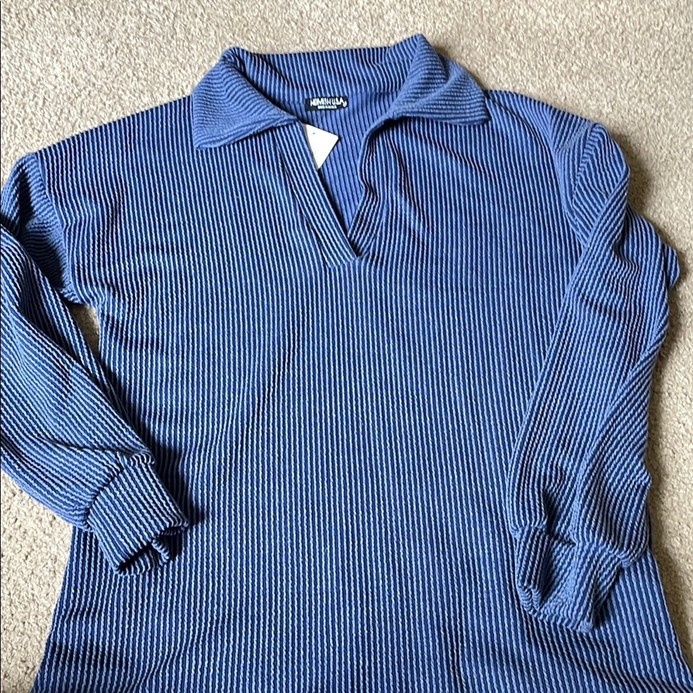 Blue Ribbed Long Sleeve Top